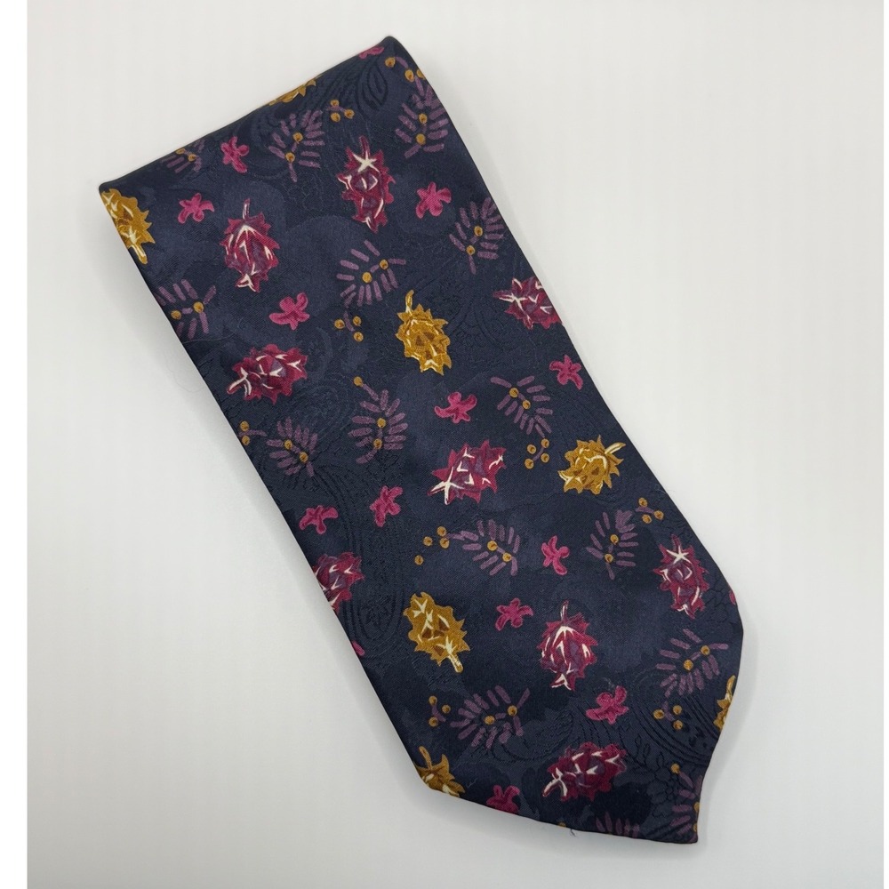 Christian Dior Monsieur Tie OS Navy Blue Botanical Leaf Print Vintage Silk-Look